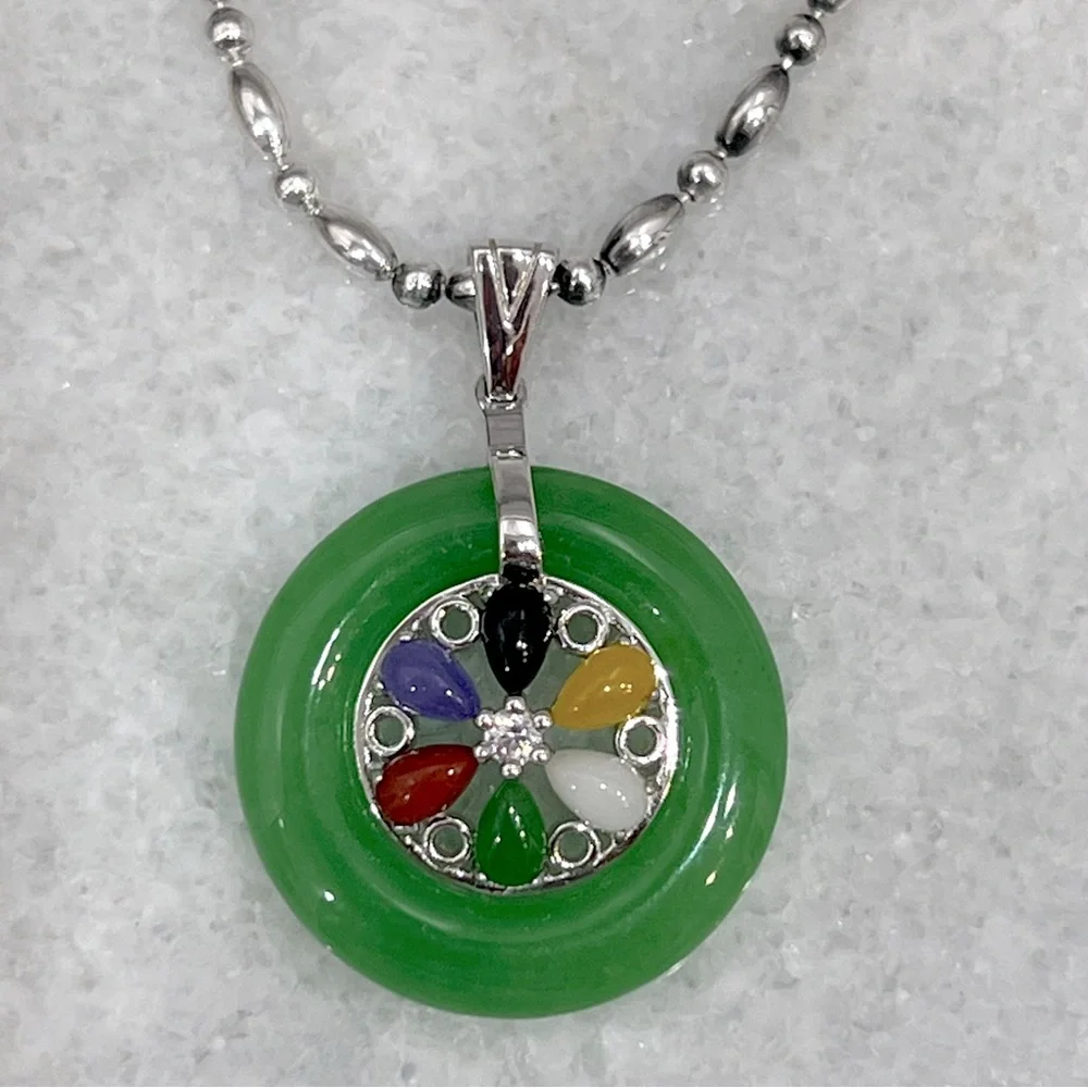 Burmese Multi Jade Zircon Sterling Silver Wheel Pendant  Necklace